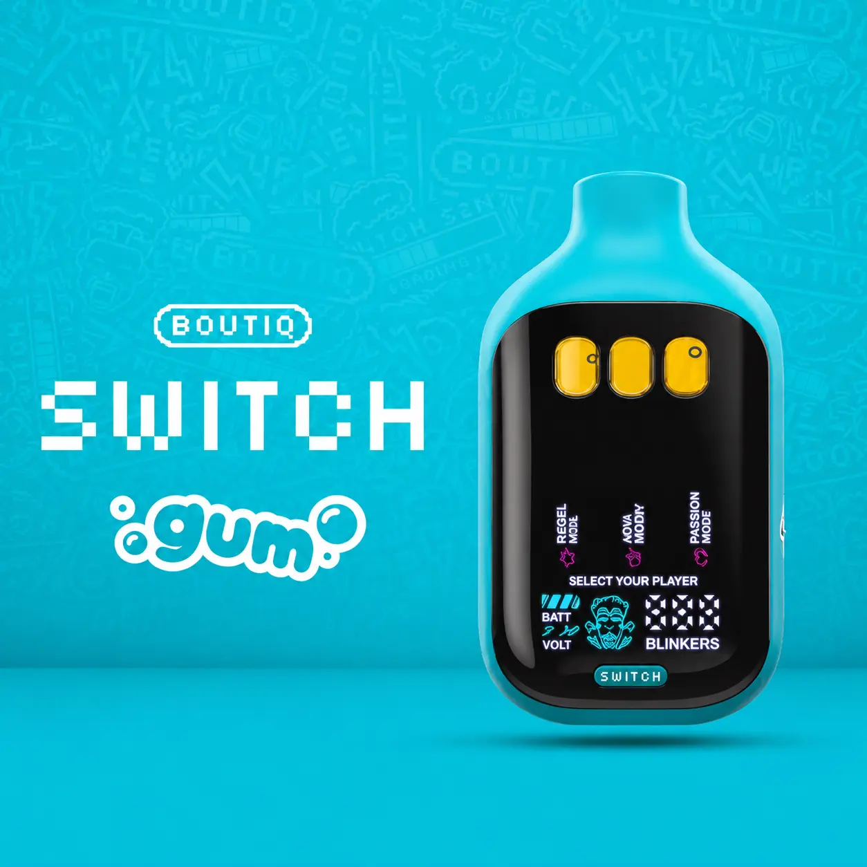 Boutiq Switch GUM Limited Edition triple-chamber disposable vape with soft-touch finish and three-strain technology